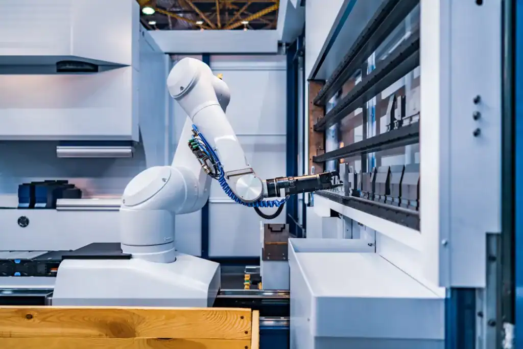 Robotic Arm modern industrial technology. Automated production cell.